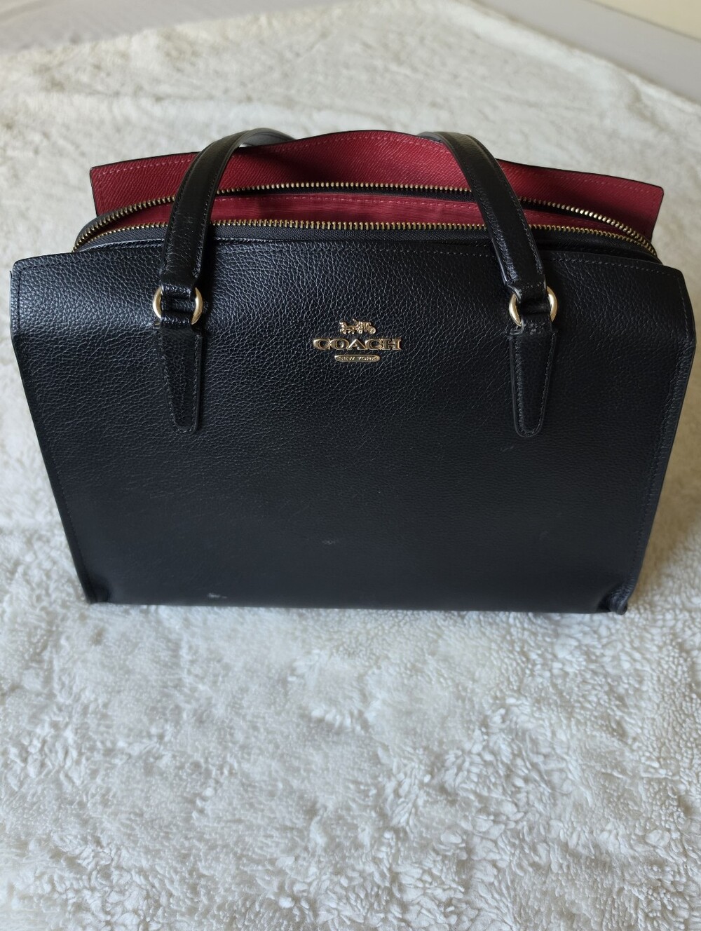 Coach Tatum Carryall Black and Red Leather Satchel Bag